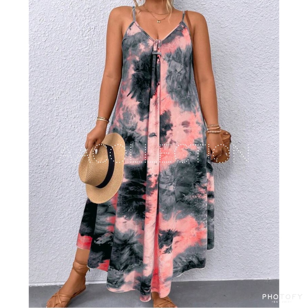 Boho Plus Size Tie Dye Ombre Print Asymmetrical Hem Cami Tank Top Maxi Dress
